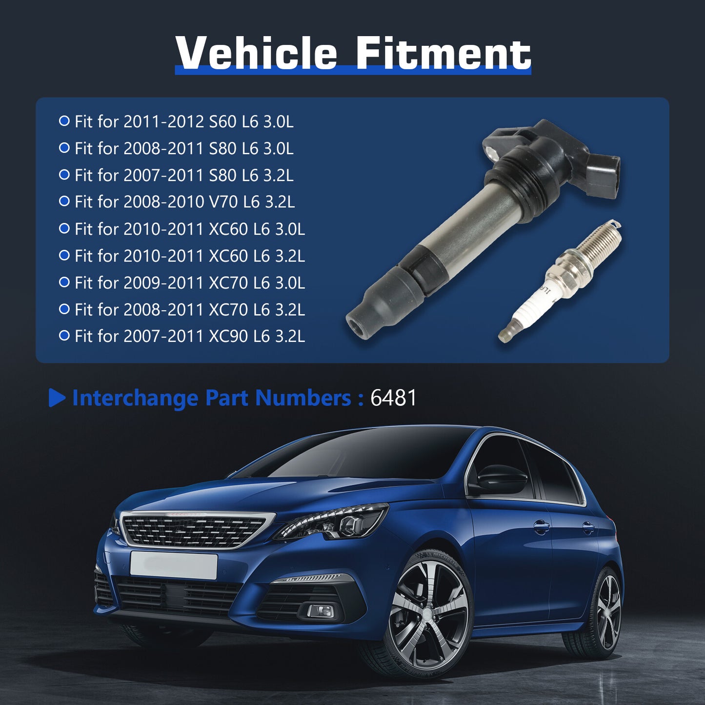 Set of 6 UF594 Ignition Coil Iridium Spark Plugs For 2010 for Volvo XC60 3.0L 3.2L