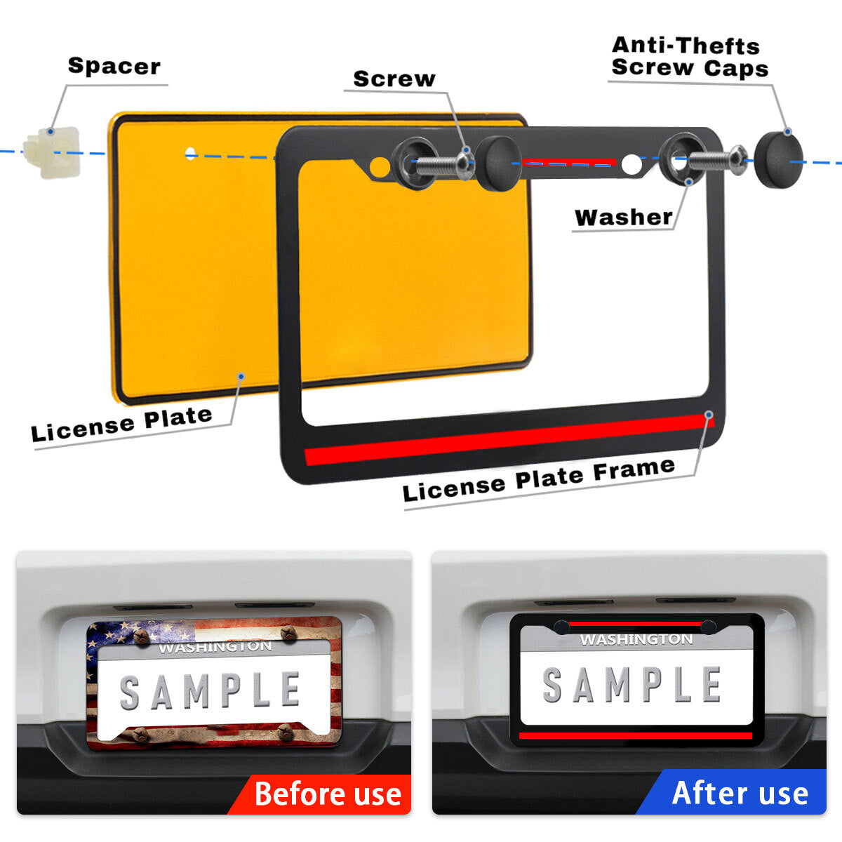 2pcs Metal Red Line Car License Plate Frame Tag Cover Black for ford F150 F250