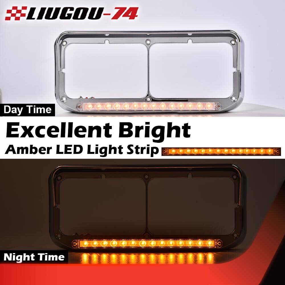 LED strip headlight bezel with visor suitable for dual rectangular 4x6 headlights with transparent lenses.