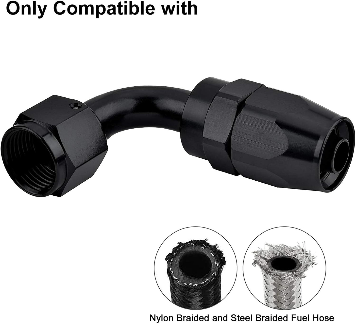 AN6 6AN 90-degree rotating hose end adapter for braided fuel lines (aluminum)
