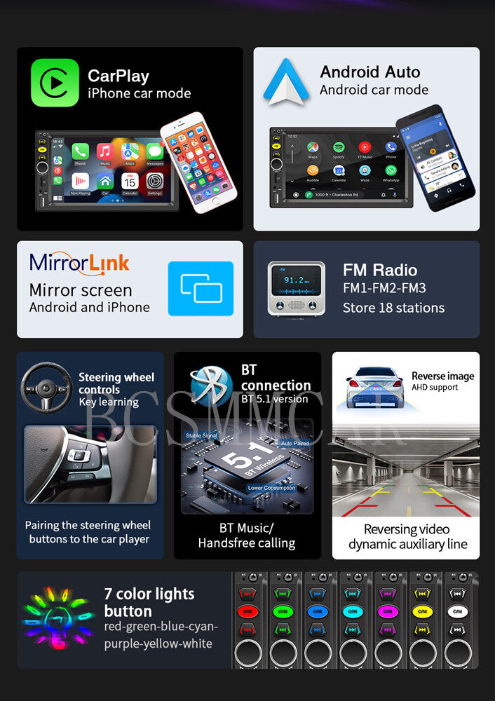For Apple Carplay Car Radio Android Auto Touch Screen Stereo Bluetooth 7in 2Din