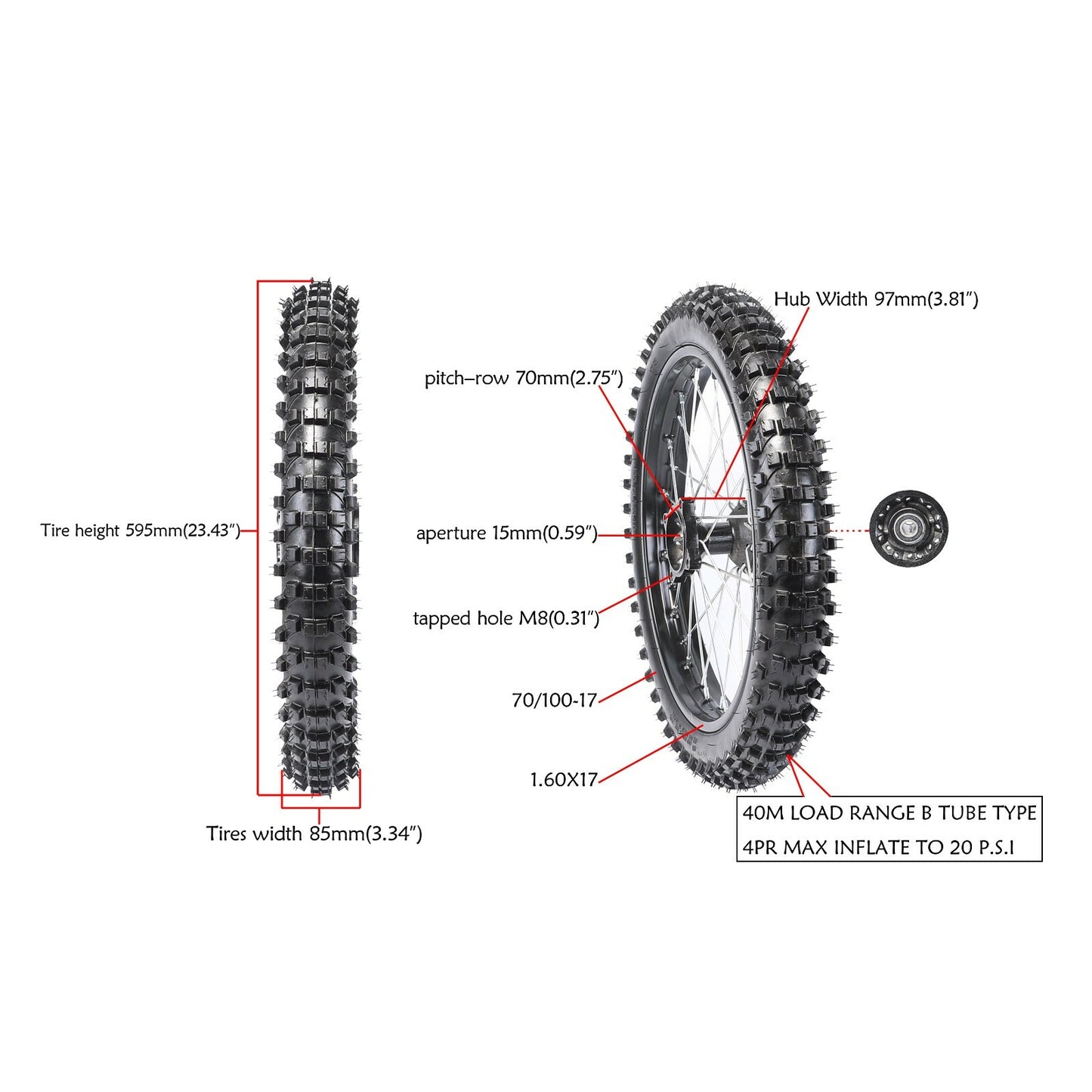 Front 70/100-17 + Rear 90/100-14 tires, wheelset, sprocket, and grooved tires for a 125cc SSR bicycle.