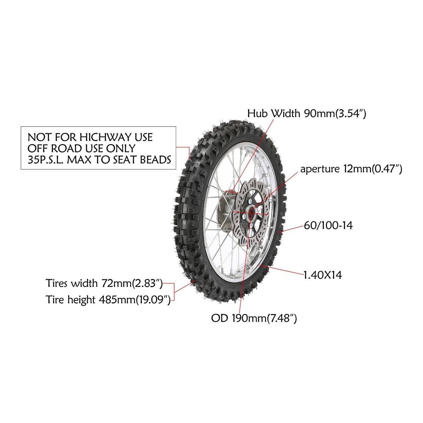 Front wheel 60/100-14, rim 2.50-14, Pit Dirt bicycle CRF50 SSR Apollo 110 125cc.