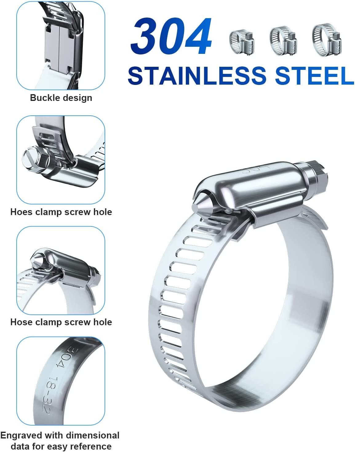 2-inch hose clamps, 10 pieces, 304 stainless steel worm gear hose clamps for fuel lines.