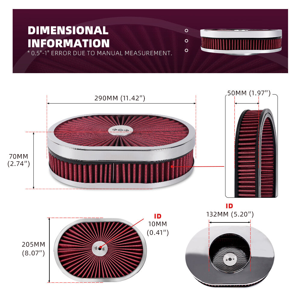 12 Oval Super flow Thru Air Cleaner Washable For SBC for Chevy for Ford 5-1/8 Carb Neck