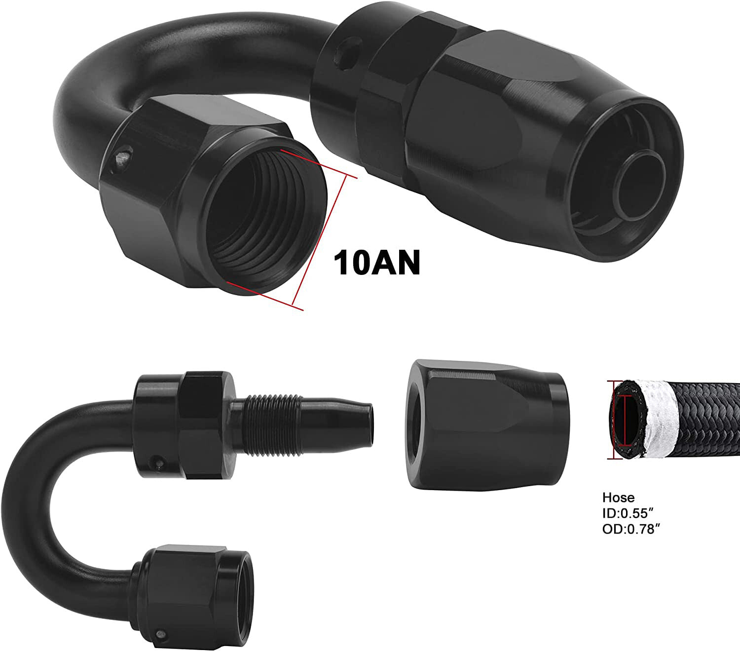 2pcs 10AN 180Degree Swivel Hose End Fitting for Braided Fuel Line Aluminum Black