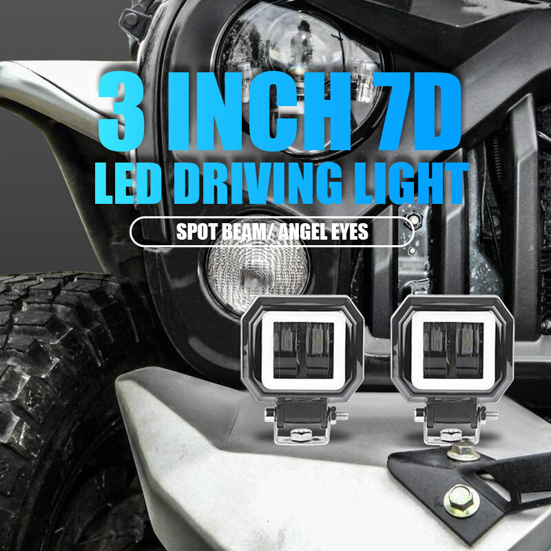2X 3in Square LED Work Light Bar Spot Cube Pods Driving Fog Red Halo Offroad 4WD
