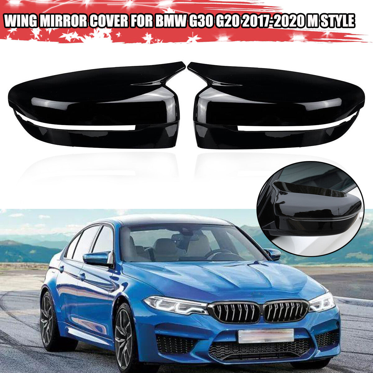 Replacement mirror cover for BMW G30 and G20 cars, M-type side wing, glossy black, 17-20