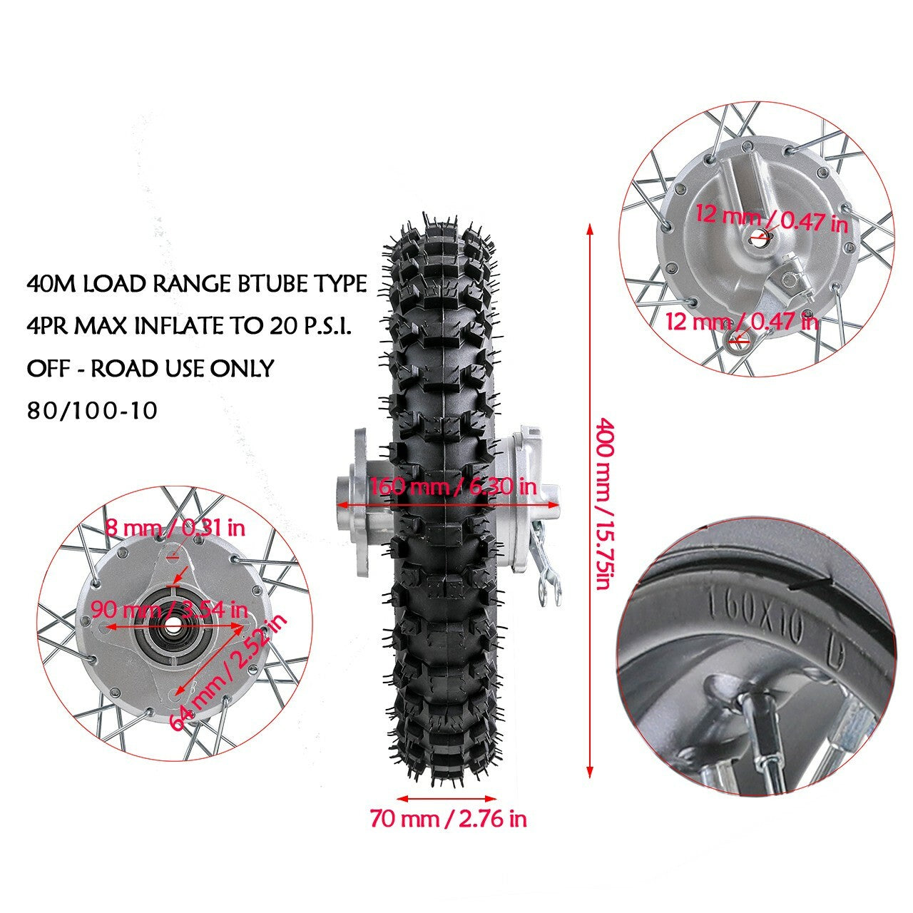 12-inch and 10-inch wheels, front 60/100-12, rear 80/100-10 tires, rims, dirt pits, bike path