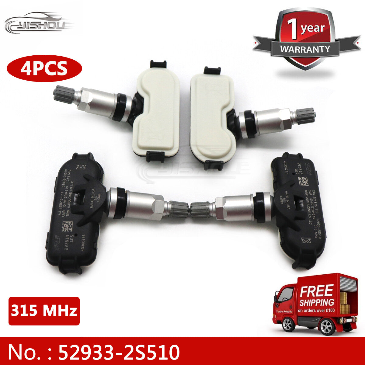 4x 52933-2S510 Tire Pressure Sensor Monitor (TPMS) for Hyundai and for Kia 315MHz