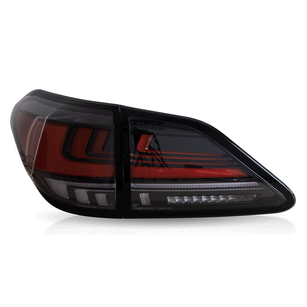 A pair of LED taillights for Lexus RX350 RX450H 2010-2015 with start-up animation.