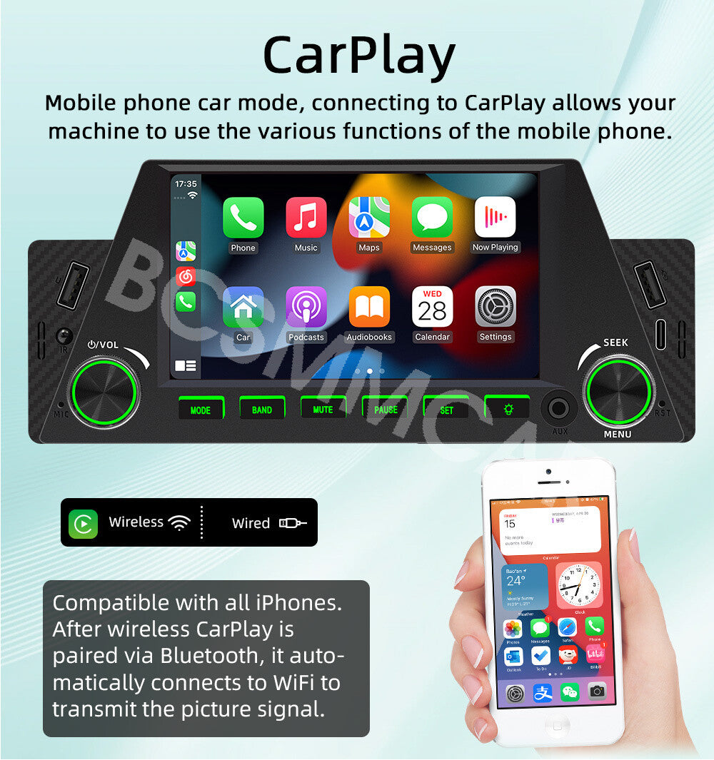 For Apple CarPlay 4.7in Car Stereo Radio FM Bluetooth Single 1Din Backup Camera