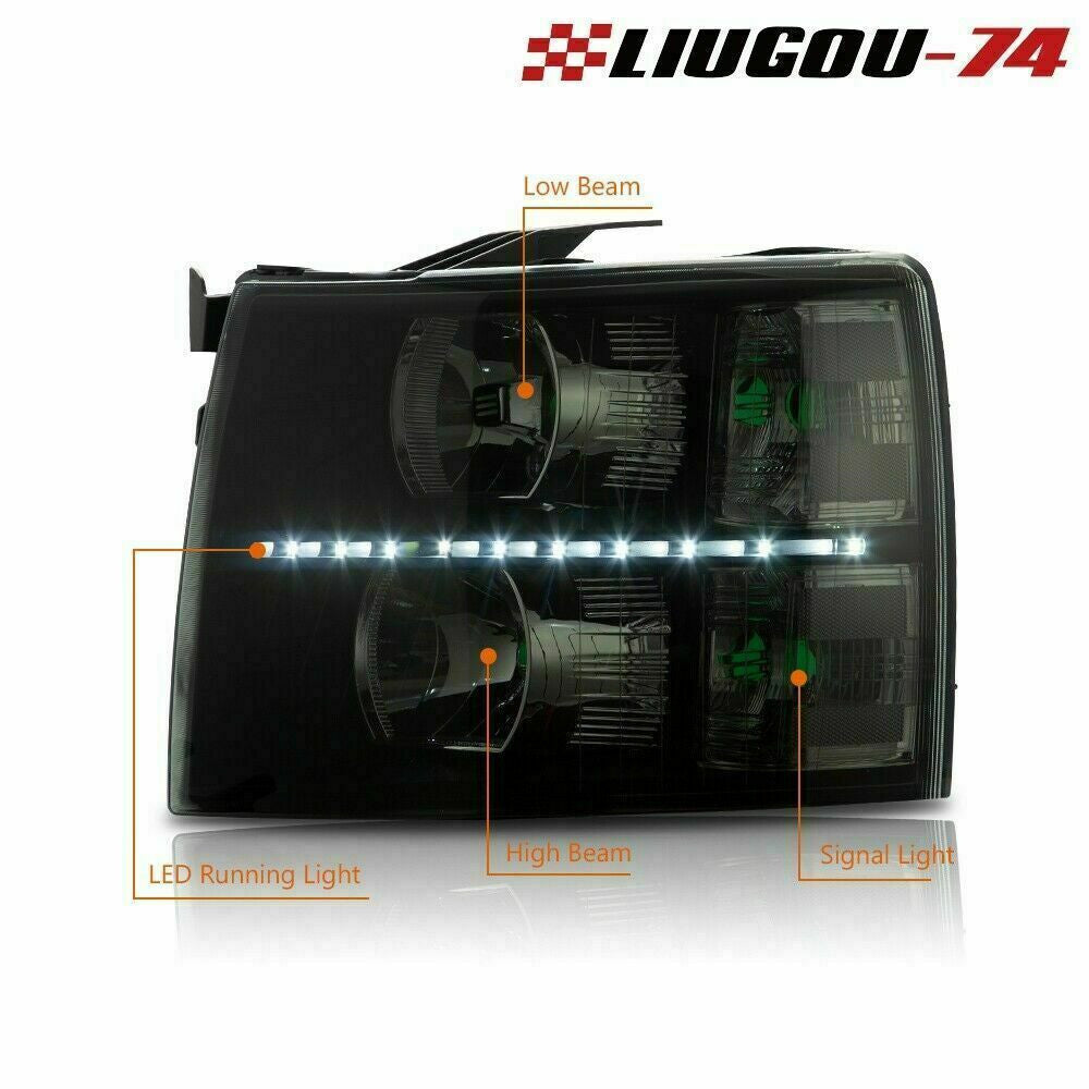 Suitable for 07-14 Silverado LED DRL strip headlights/lights with black housings and smoke lenses (USA)