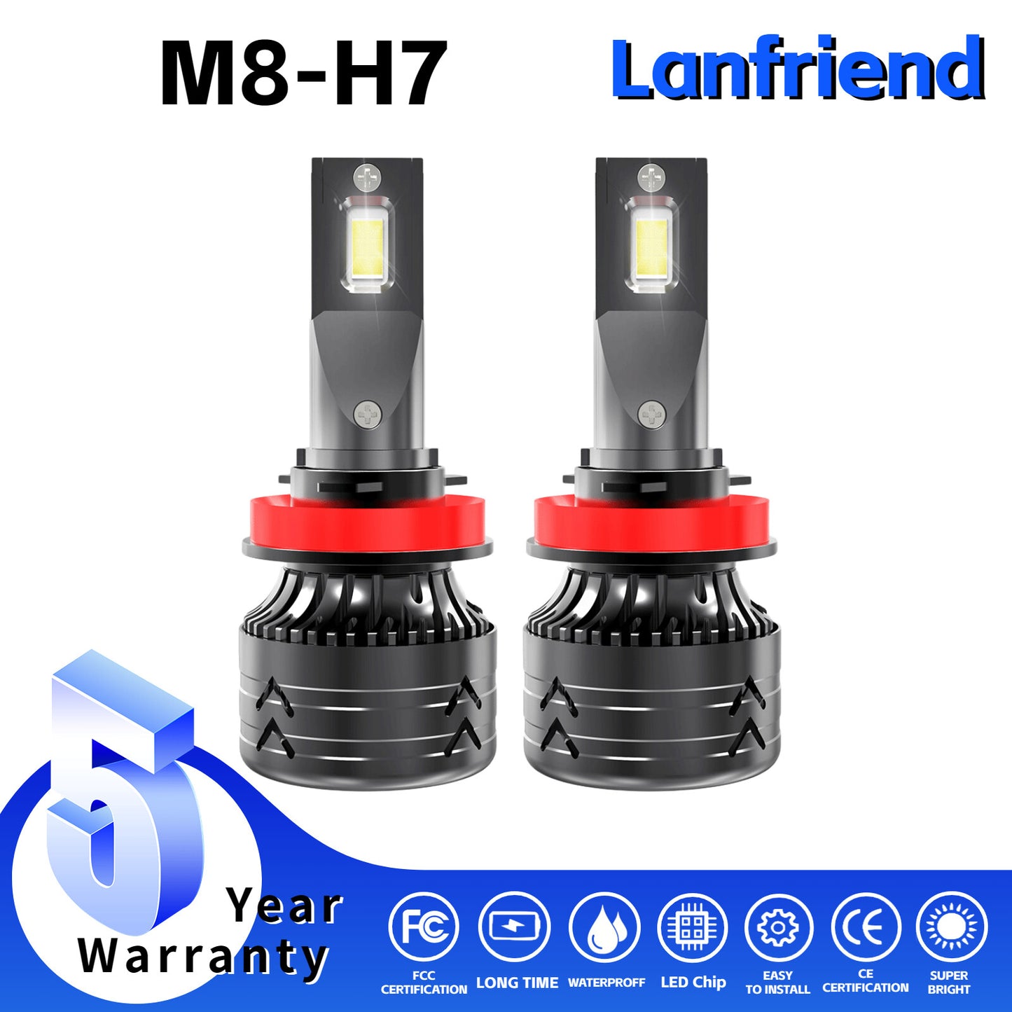 2x H7 Headlight Super Bright Bulbs Kit 6000K 8000LM Hight Power While 12 chips