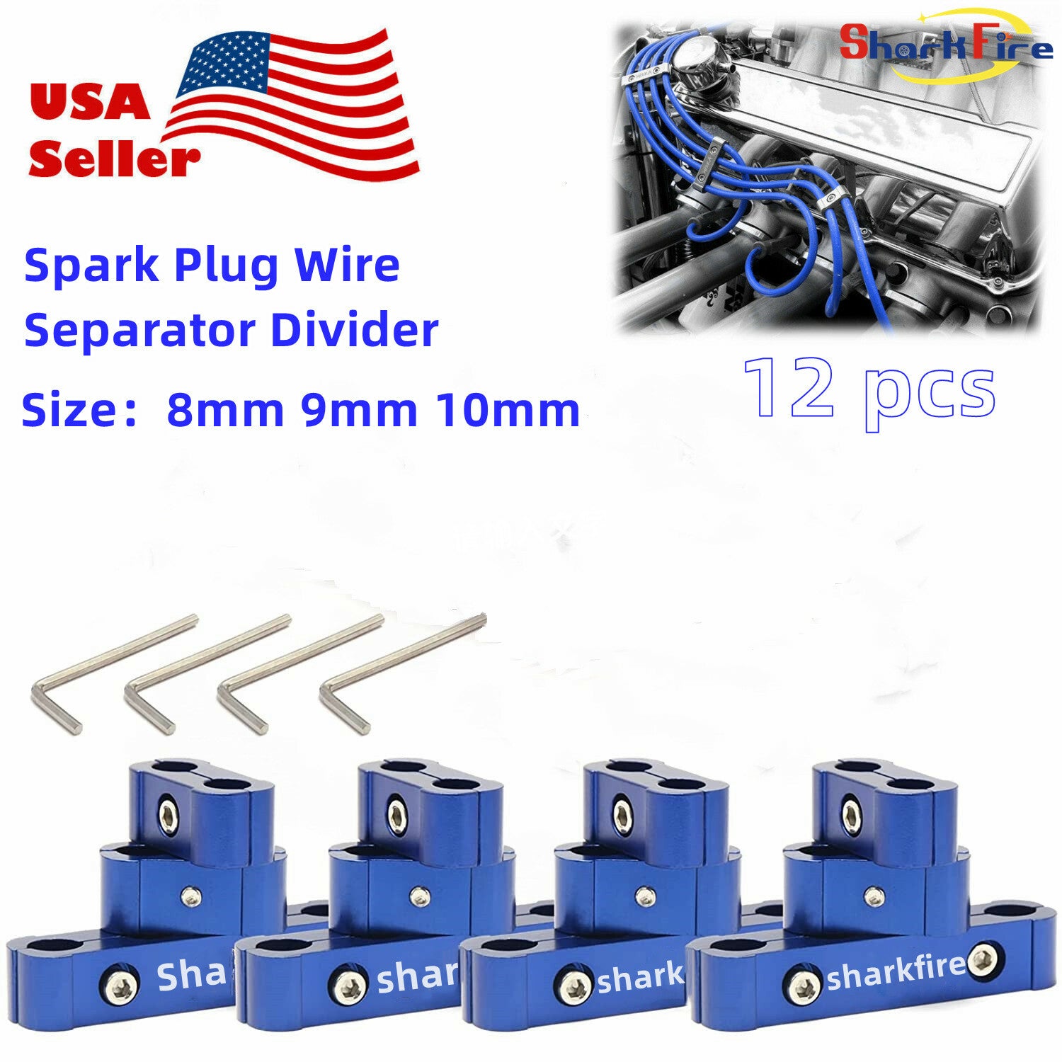 12-Piece Engine Spark Plug Wire Separator Kit for 8mm, 9mm, and 10mm Blue