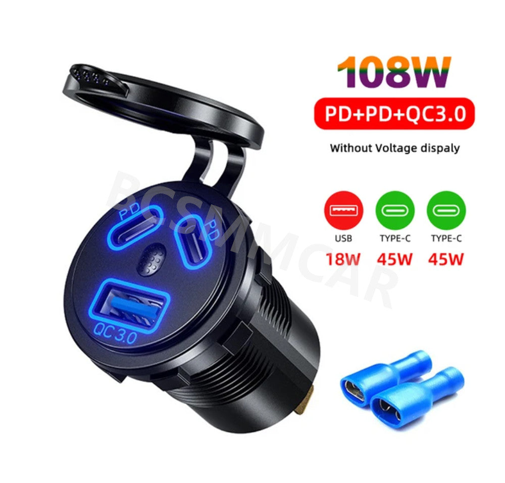 Car Motorcycle Charger USB PD Type-C Dual Ports Fast Charging Adapter Kit 108W