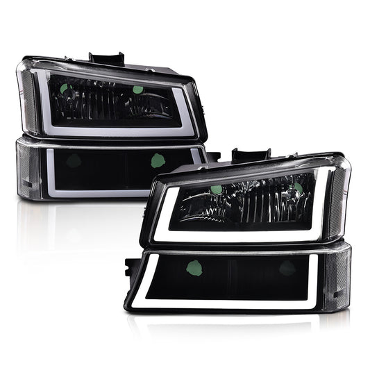Black housing LED DRL headlights with transparent signal bumper suitable for 2003-2007 Silverado.