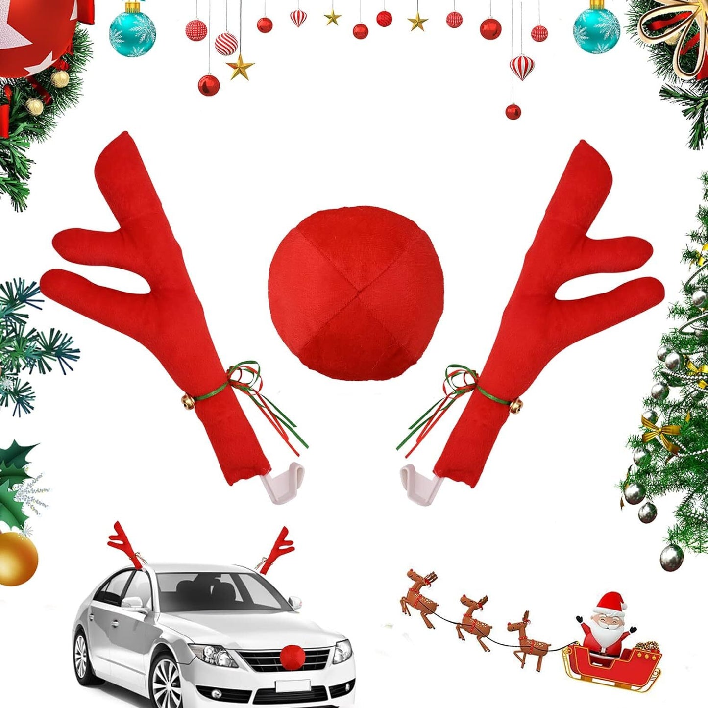 1 Set Antlers And Red Nose Reindeer Decoration Car Christmas Auto Holiday Red