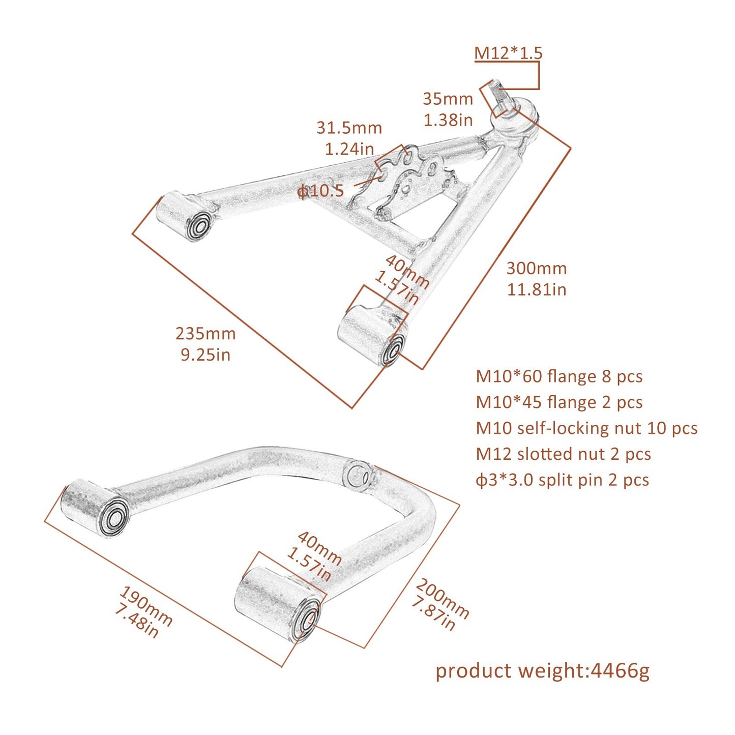 Front suspension upper and lower shock absorber control arm kit suitable for off-road vehicles, ATVs, go-karts, four wheels, 4 Wh