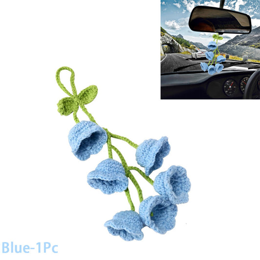 1Bell flower Hand Knitted Cute Car Accessory for Rear View Mirror Hanging Blue