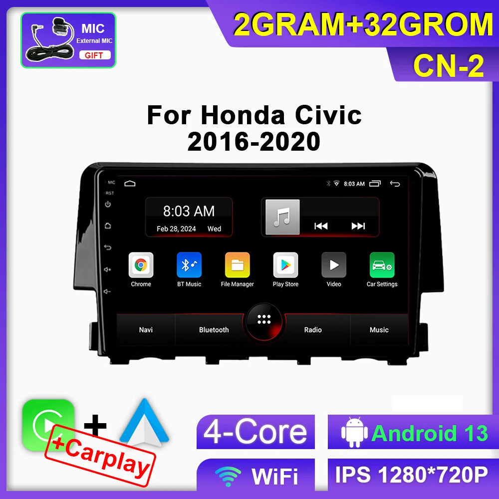 for Honda for Civic 10th 2016-2020 CarPlay Car Stereo Radio GPS Auto Player Screen