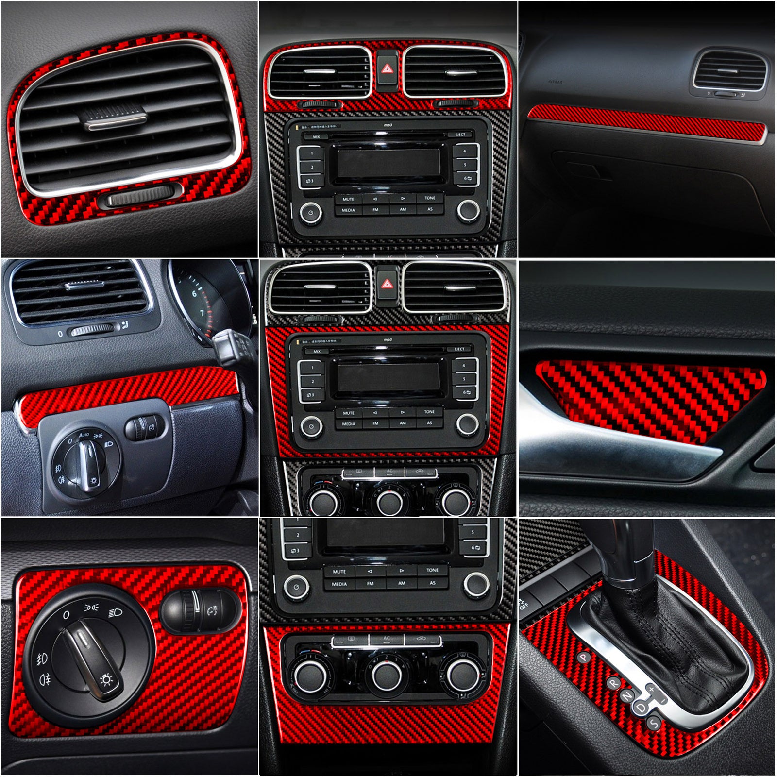 13¡ÁRed Carbon Fiber Dashboar Interior Set Kit Trim for VW for Golf 6 MK6 GTI 2008-12