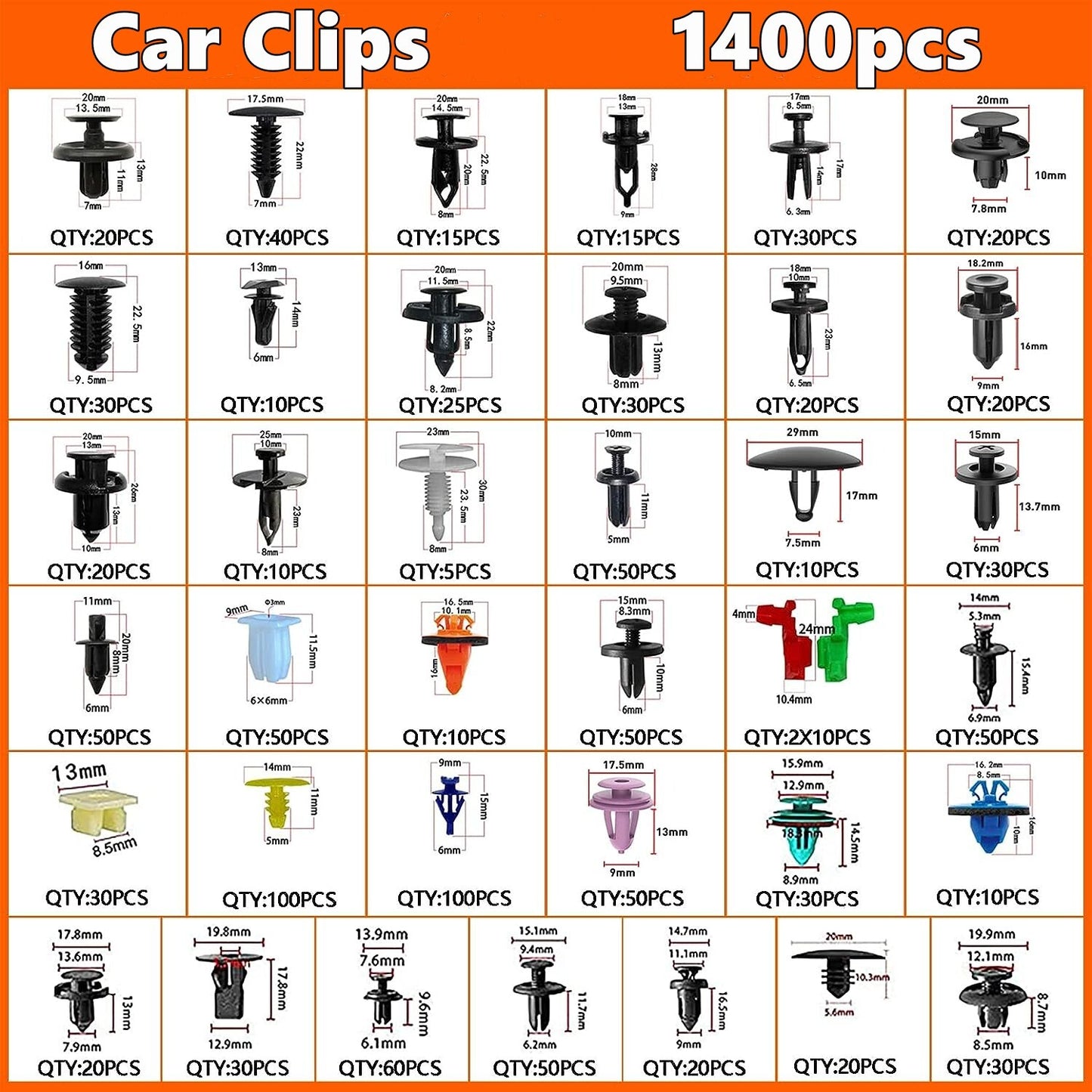 1400-piece pack of car push-type retainer clips, door panel trim clips, plastic rivet clips, bumper clips