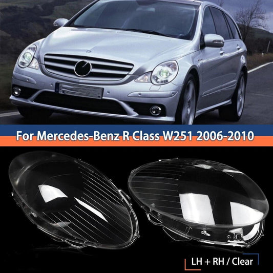 A pair of replacement headlight lens covers for Mercedes-Benz W251 R320 R350 R500 (2006-2010)