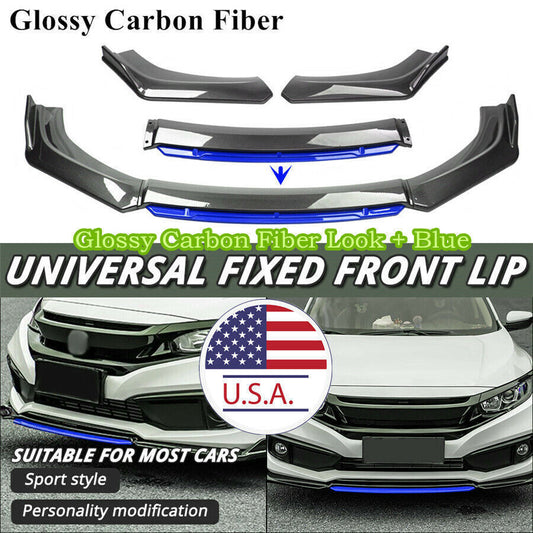 4Pcs Front Bumper Splitter Lip Diffuser Spoiler Body Kit Carbon Fiber Style+Blue