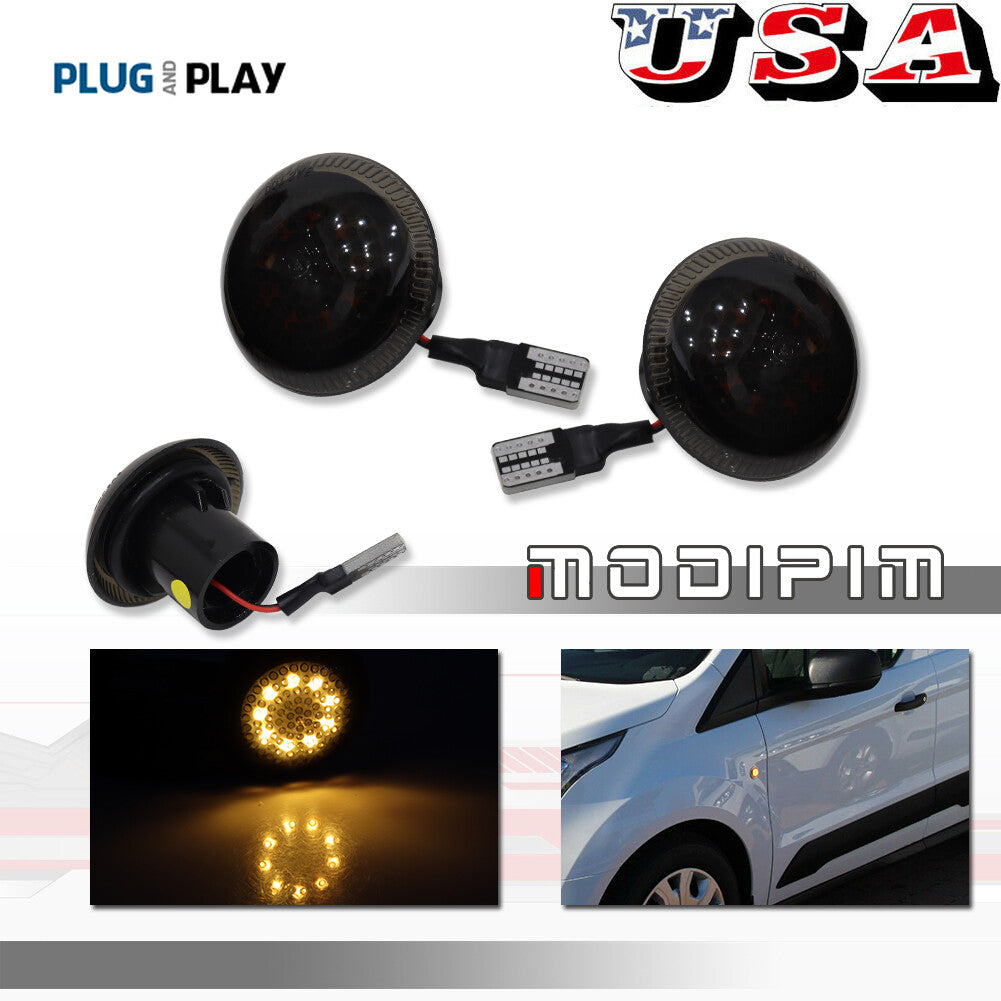 Suitable for 10+ for Ford Transit Connect side fender turn signals with smoked lenses and amber LEDs.
