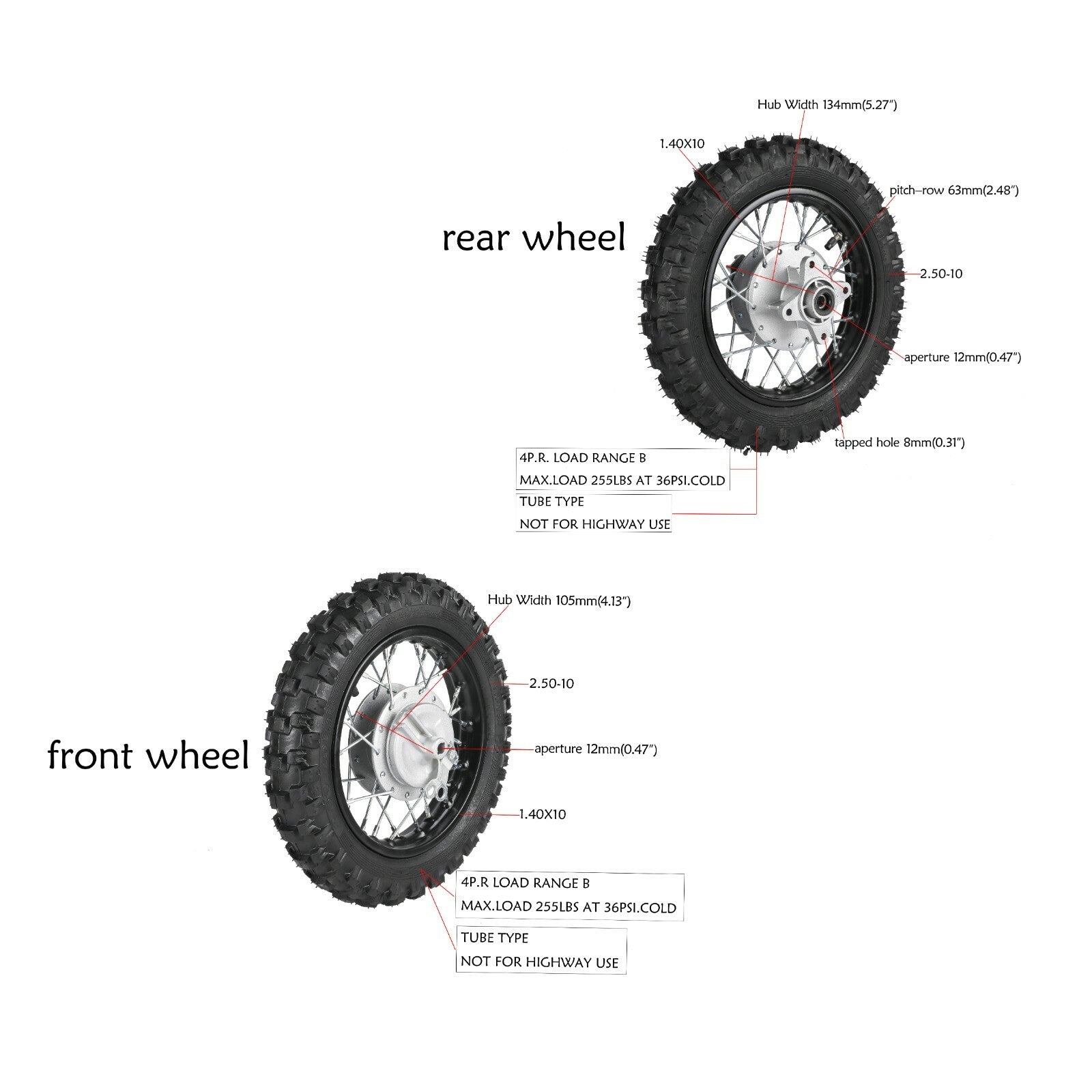 10 Front Rear Wheels 2.50-10 Tyre Rim 1.4x10 for Honda CRF50 XR50 for Yamaha TTR50