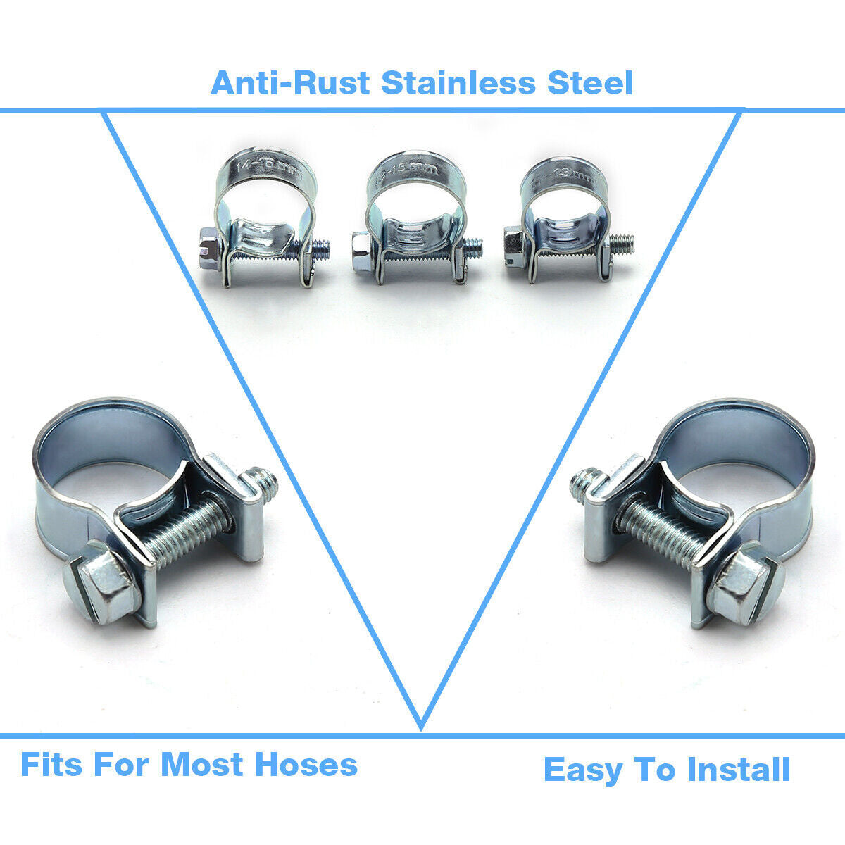 30-piece pack of 1/4 inch, 5/16 inch, and 3/8 inch fuel injection gas line steel hose clamps