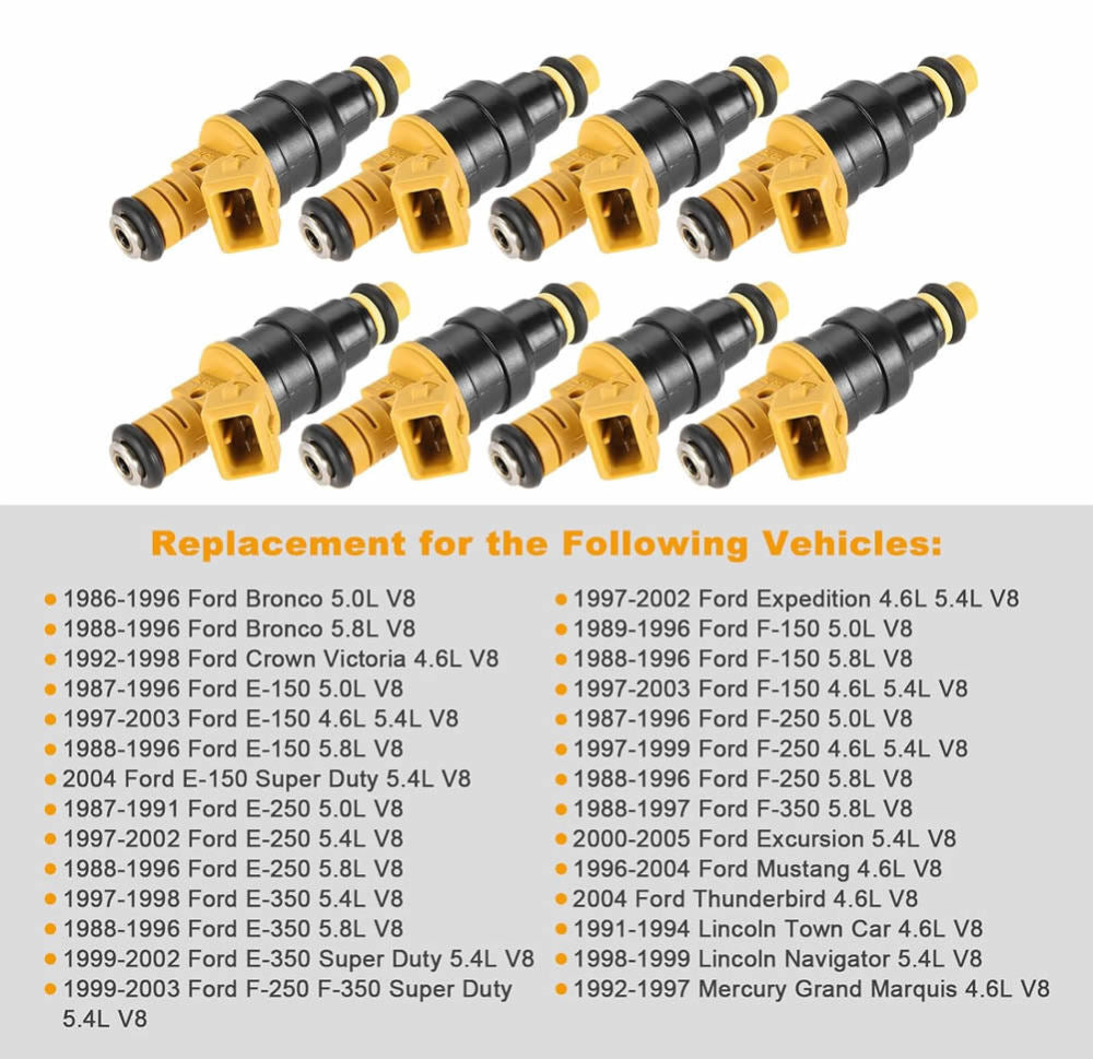 8 fuel injectors for Ford F150, F250, F350 (4.6L, 5.0L, 5.4L, 5.8L). Replacement code: 0280150718