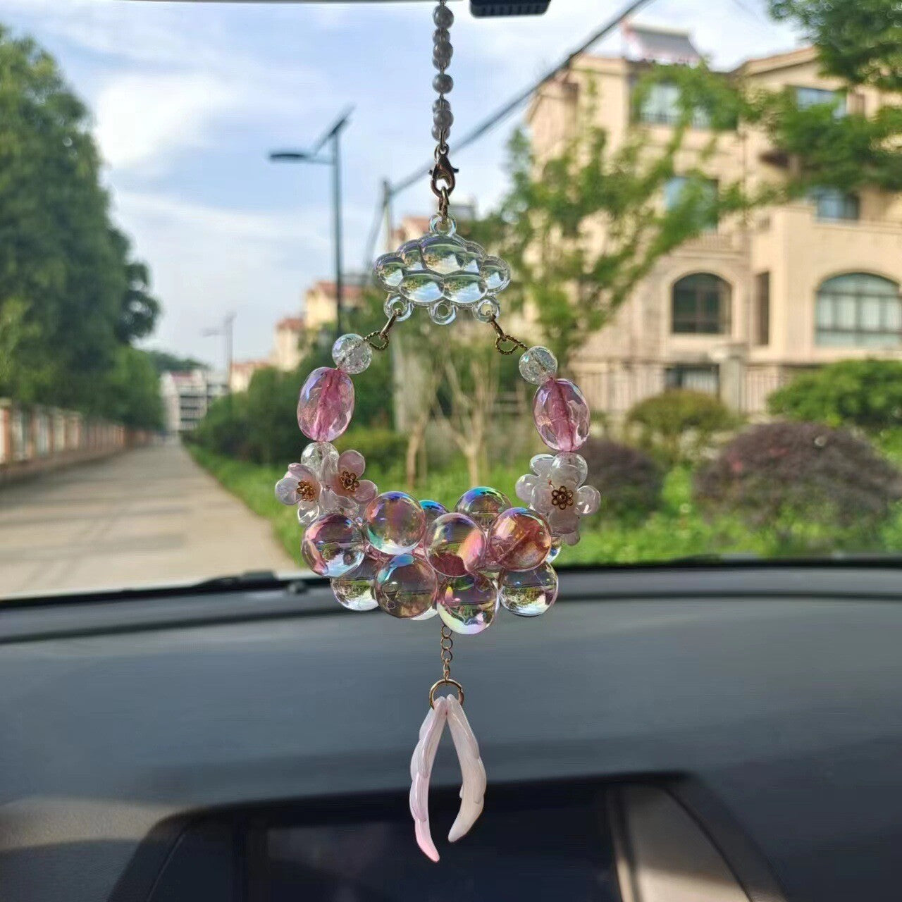 Car Rear View Mirror Hanging Acrylic Glass Bead Pink Pendant Charms Car Decor