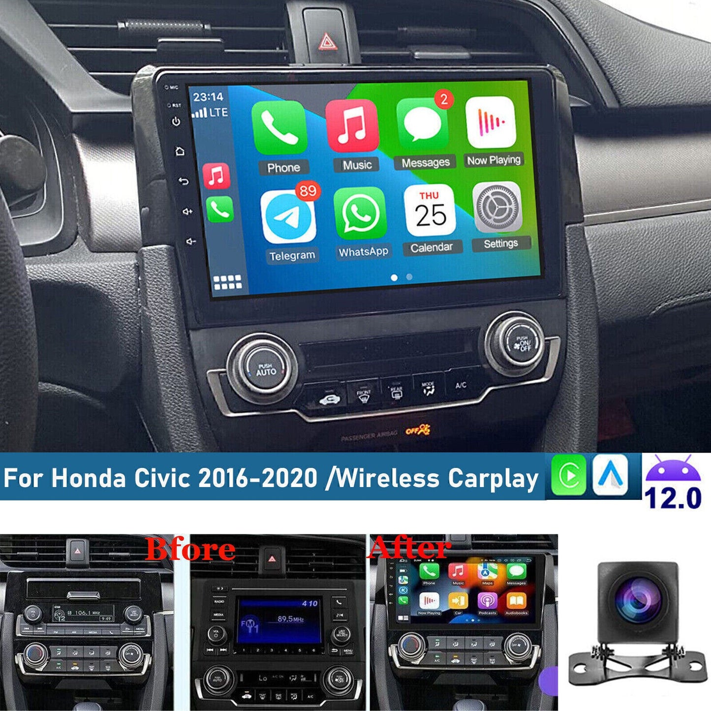 Apple Carplay For 2016-2020 for Honda for Civic Car Stereo Android 12.0 Radio GPS WIFI K
