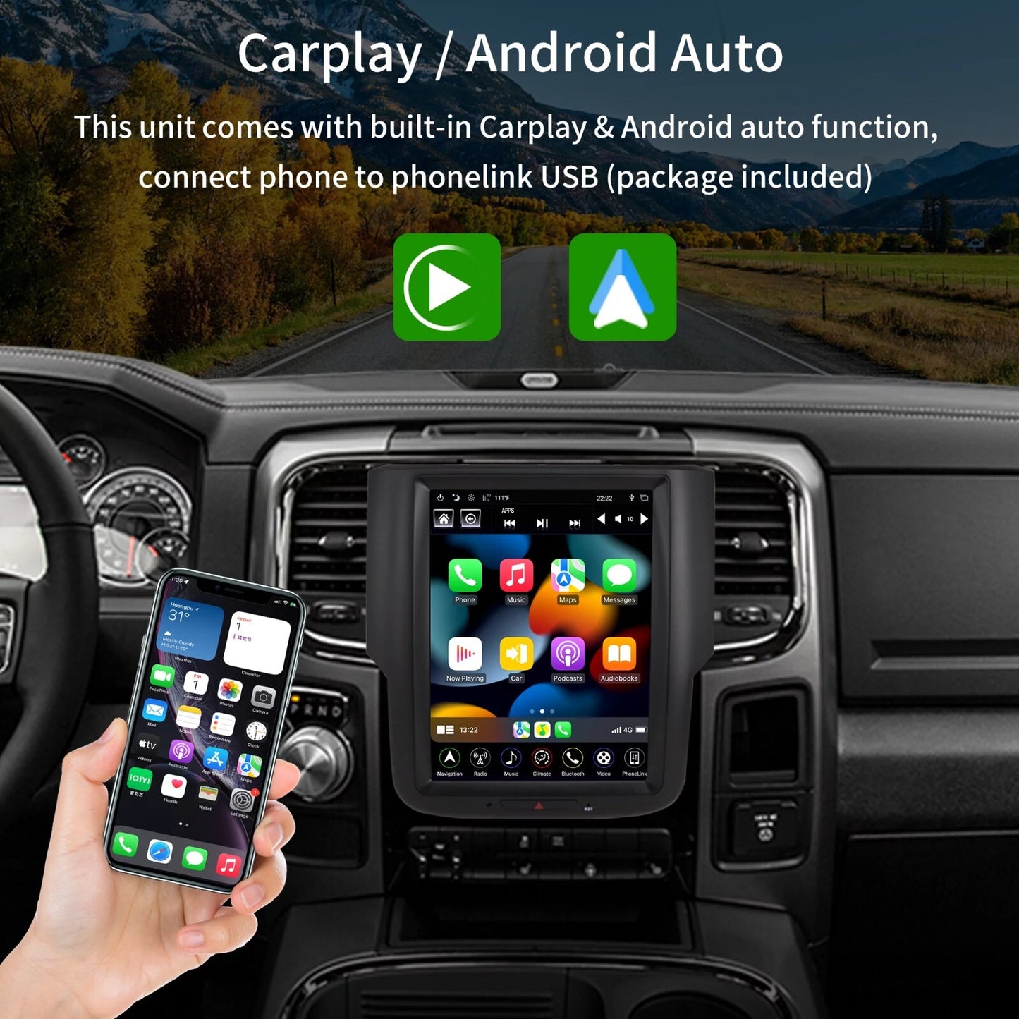 10.4 Android for Tesla Vertical Screen Car-Play GPS Radio for Dodge for Ram 2013-2019
