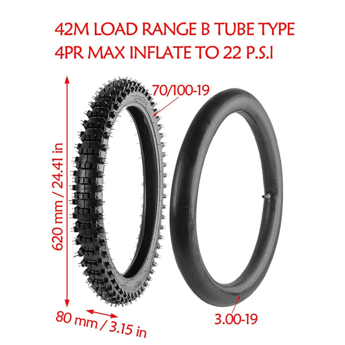 70/100-19 Knobby front tire inner tube for Honda CR80RB and for Kawasaki KX80 motocross bikes.
