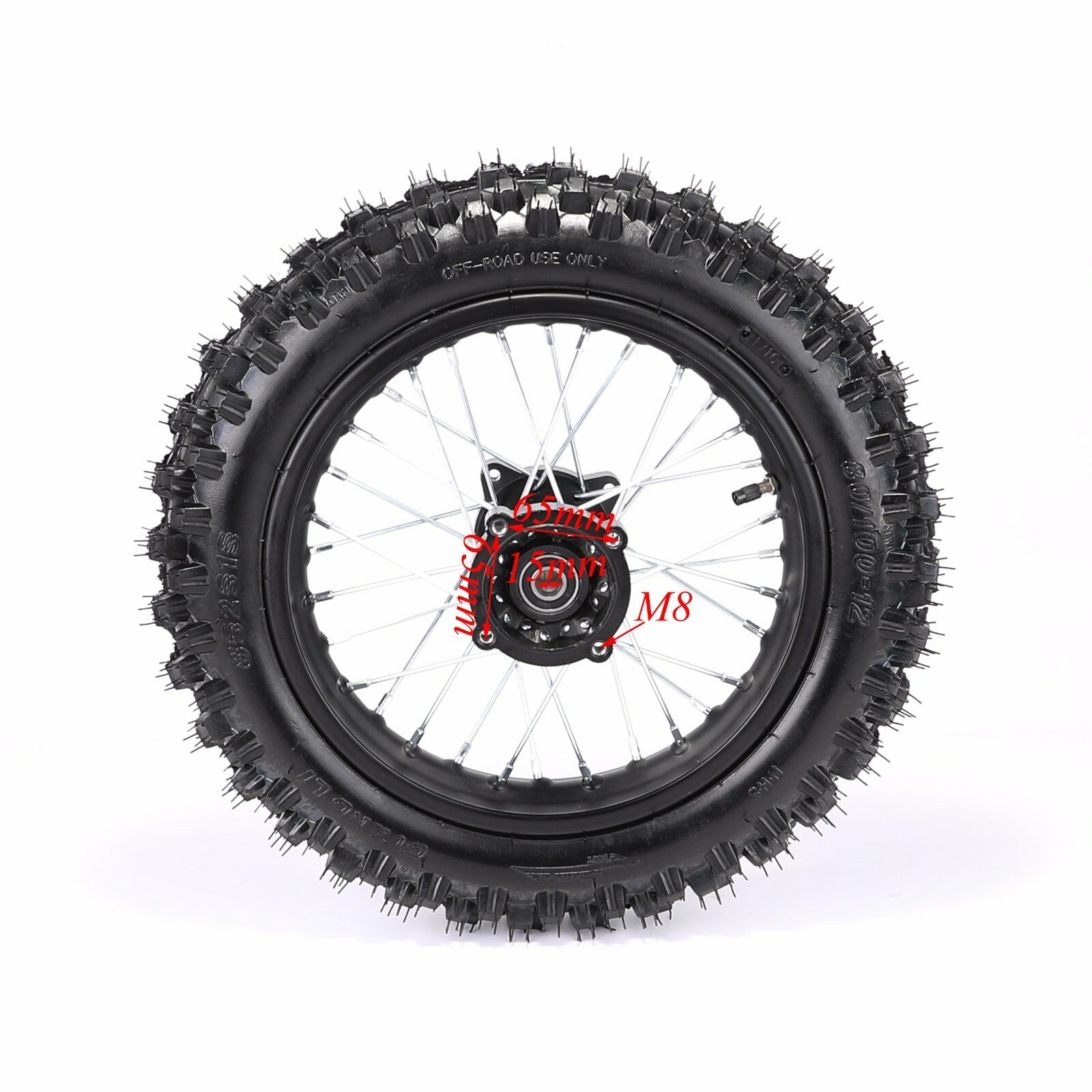12-inch rear wheel with 80/100-12 tire and rim suitable for pit bikes CRF50, XR70, KX65, SSR, 110cc, 125cc.