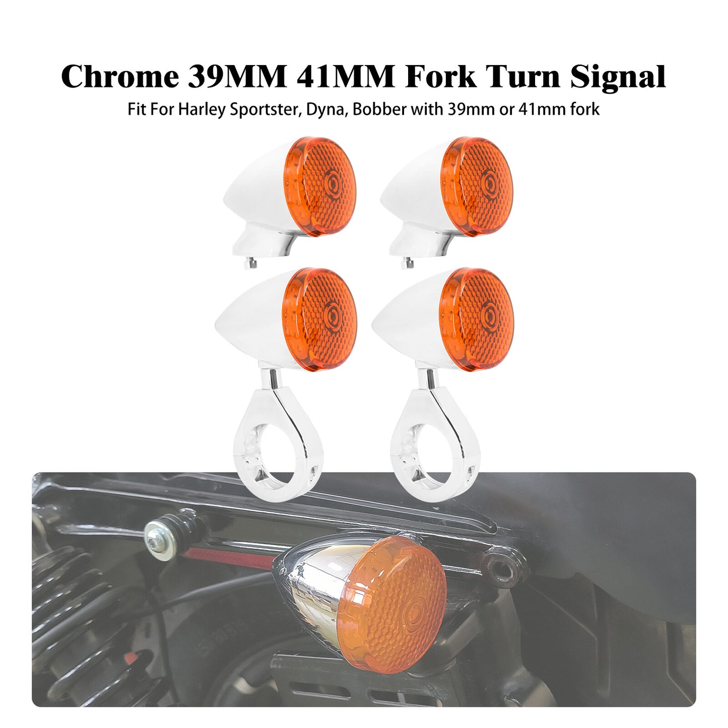 4x Chrome Front Rear LED Turn Signal Light 39 41mm Fork w/ Amber Lens for Harley