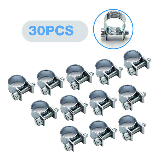 30-piece pack of 1/4 inch, 5/16 inch, and 3/8 inch fuel injection gas line steel hose clamps