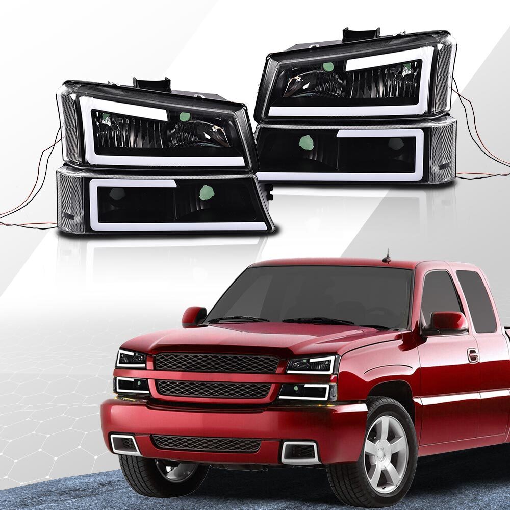 Transparent LED DRL headlights + taillights suitable for 2003-2007 for Chevrolet Silverado in black.