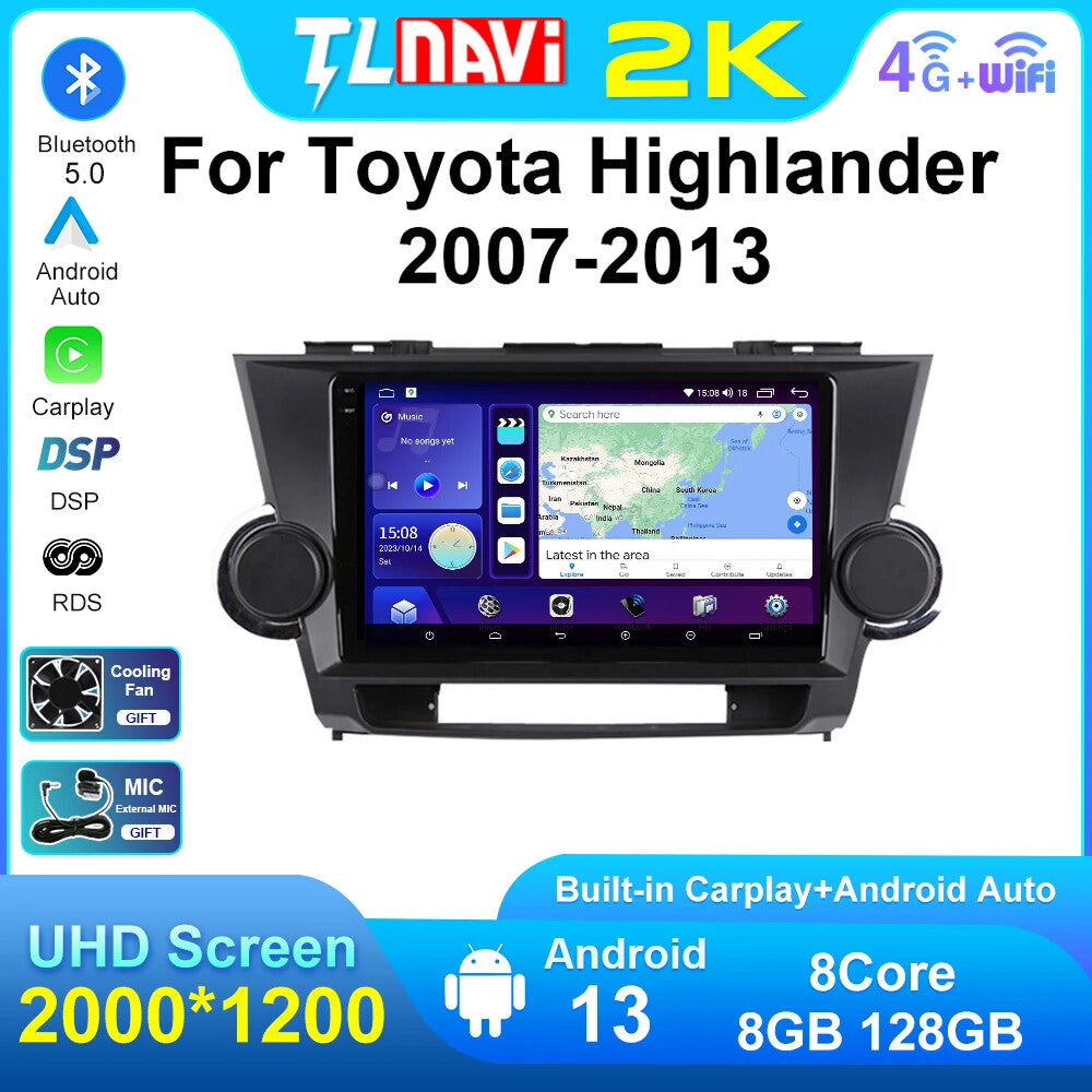 for Toyota Highlander 2007-2013 Stereo CarPlay Car Radio GPS Video Player Screen