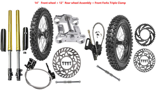 14-inch and 12-inch wheels, 60/100-14 and 80/100-12 tires, front fork, pit-type bicycle CRF50 SSR 110 125CC
