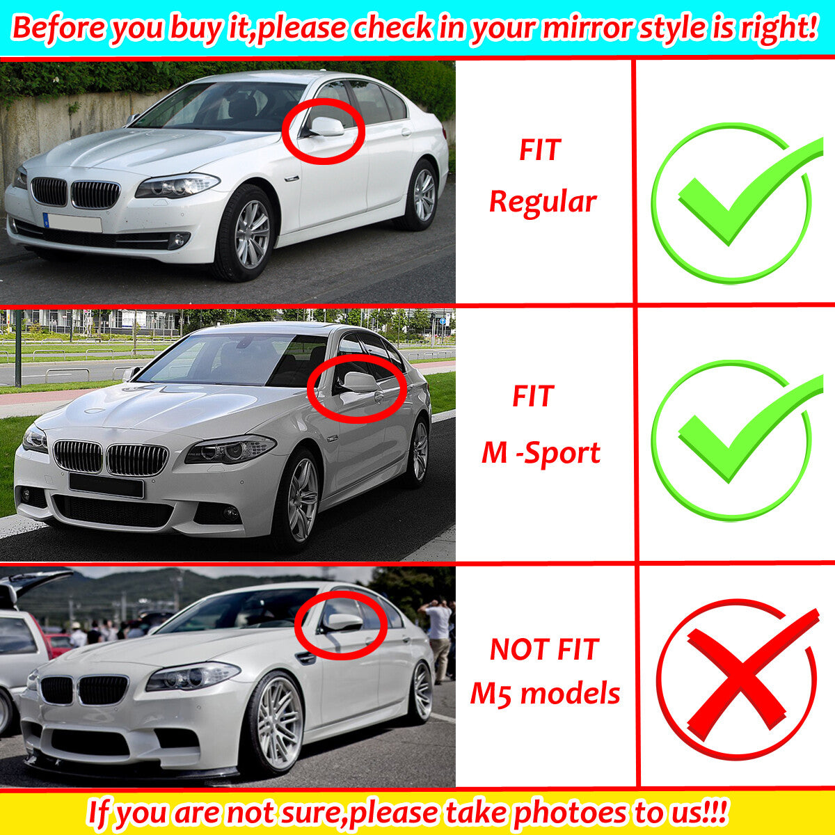 Carbon fiber mirror caps for door rearview mirrors suitable for BMW F10, F11, and Pre-LCI models (2011-2013).