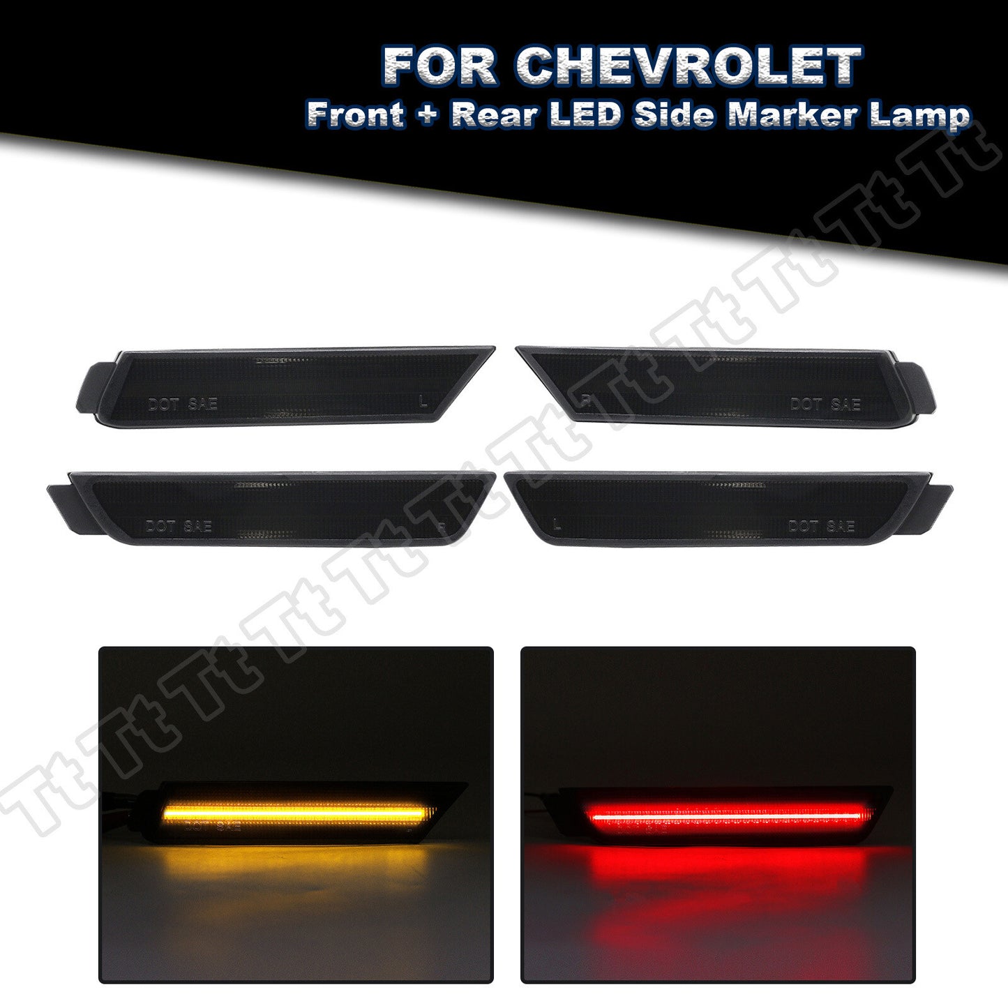 Four front and rear bumper LED side marker lights for 2010-2015 for Chevrolet Camaro smoke lens.