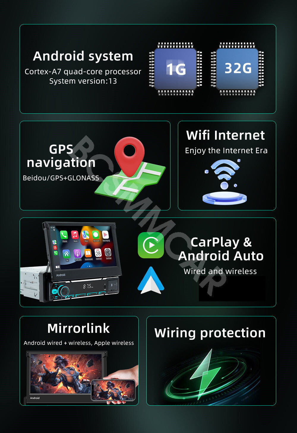 7in Single 1Din Android 13 Car Stereo Radio Bluetooth FM For Apple Carplay