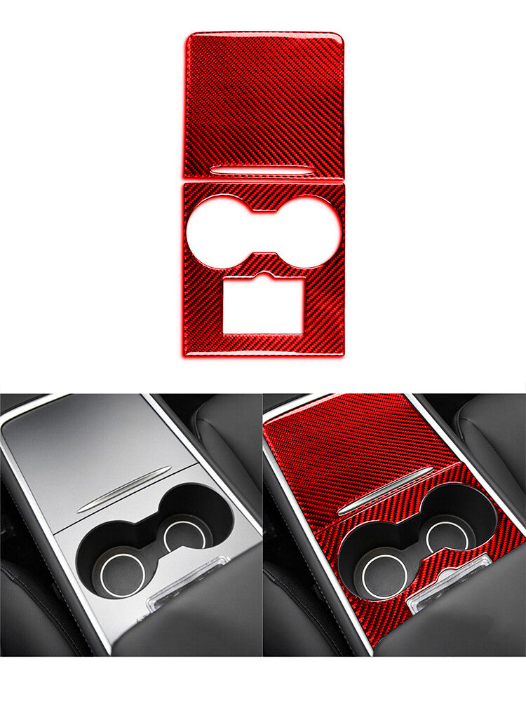 Red Carbon Fiber Center Console Cupholder Cover Trim for Tesla for Model Y 3 Type A