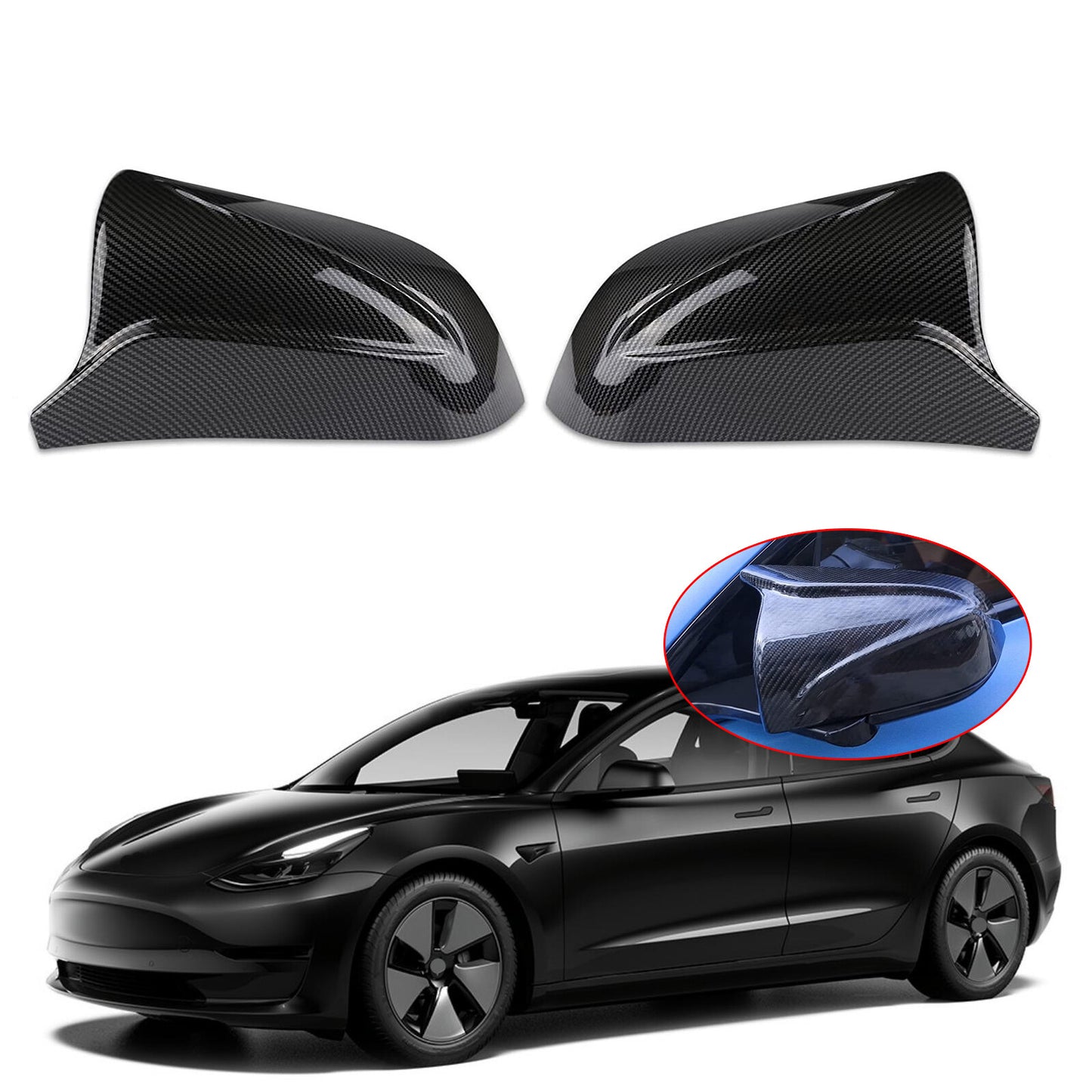 2x Rearview Wing Door Side Mirror Cover Cap Carbon Fiber for Tesla Model 3 17-20