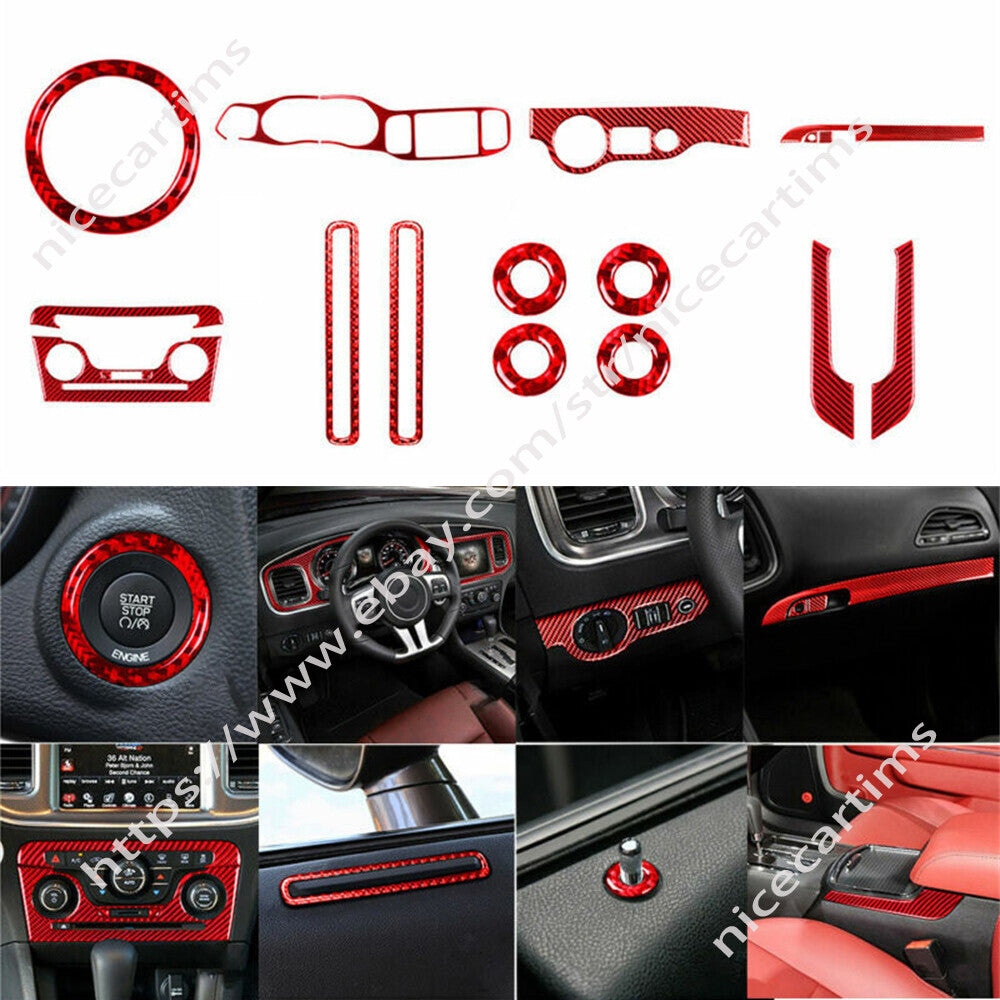 19Pc Red Carbon Fiber Interior Full Set Trim Cover Kit for Dodge Charger 2011-14