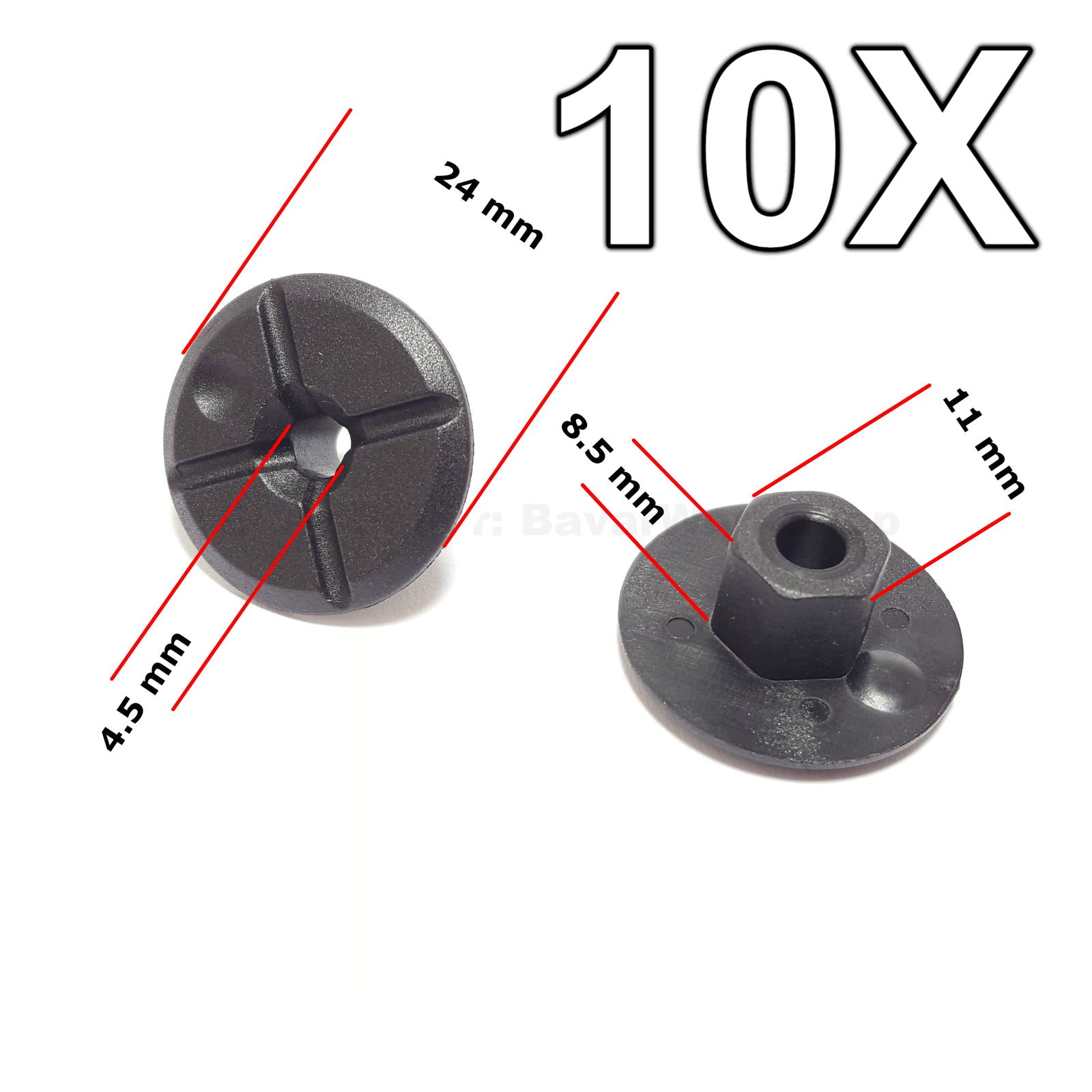 10-piece plastic unthreaded nylon nuts, 4mm hole, 24mm collar for Mercedes , for BMW